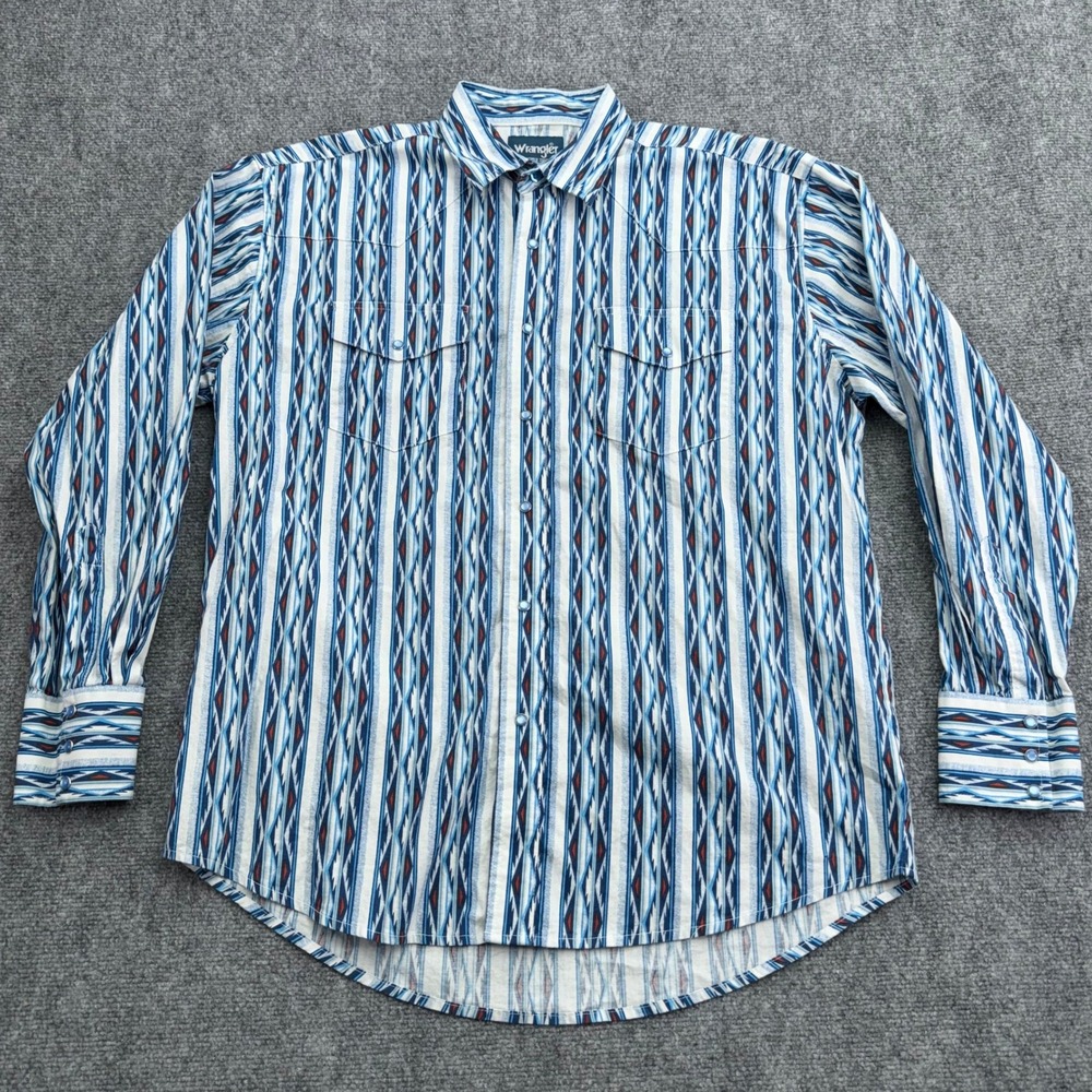 Wrangler Western Shirt Mens‎ Large Blue Striped Long Sleeve Aztec Cowboy Rodeo